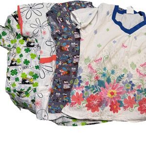 Bundle of 4 Women's Top Scrubs size 2X XXL Floral and Fun prints Plus Size